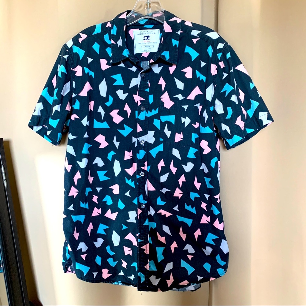 Black With Blue, Pink, Lite Grey Shaped Design Button Down Short Sleeve Shirt.